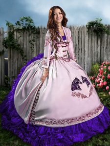 Pretty White And Purple Sweetheart Neckline Embroidery and Ruffles 15 Quinceanera Dress Sleeveless Lace Up