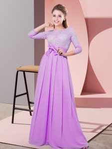 Deluxe Chiffon Scoop 3 4 Length Sleeve Side Zipper Lace and Belt Quinceanera Court Dresses in Lilac