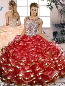Scoop Sleeveless Lace Up Quinceanera Gown Red Organza