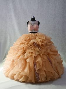 Champagne Sleeveless Organza Brush Train Zipper 15th Birthday Dress for Sweet 16 and Quinceanera