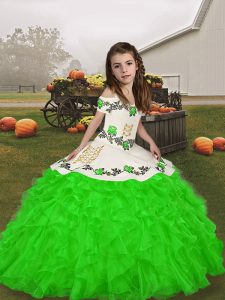 Straps Sleeveless Organza Pageant Gowns For Girls Embroidery and Ruffles Lace Up