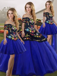 Most Popular Royal Blue Tulle Lace Up Sweet 16 Quinceanera Dress Sleeveless Floor Length Embroidery