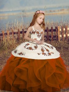 Rust Red Sleeveless Floor Length Embroidery and Ruffles Lace Up Little Girl Pageant Gowns
