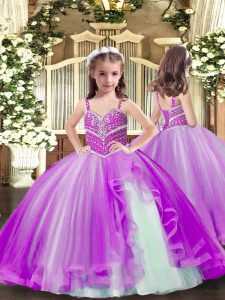 Floor Length Purple Little Girls Pageant Dress Spaghetti Straps Sleeveless Lace Up
