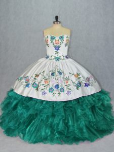 Customized Floor Length Lace Up Quinceanera Gown Turquoise for Sweet 16 and Quinceanera with Embroidery and Ruffles