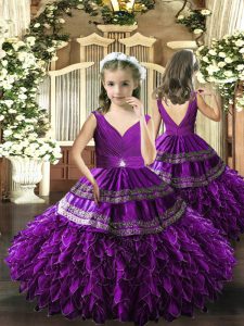 Exquisite Eggplant Purple Backless Child Pageant Dress Beading and Appliques and Ruffles and Ruching Sleeveless Floor Length