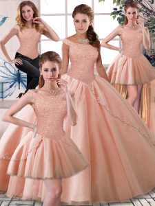 Admirable Sleeveless Tulle Brush Train Lace Up 15 Quinceanera Dress in Peach with Beading