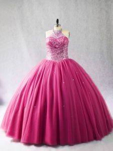 Beauteous Hot Pink Halter Top Neckline Beading Sweet 16 Quinceanera Dress Sleeveless Lace Up