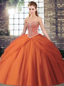 Colorful Orange Red Ball Gowns Tulle Sweetheart Sleeveless Beading and Pick Ups Lace Up Quinceanera Gowns Brush Train