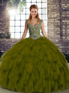Olive Green Lace Up Straps Beading and Ruffles Sweet 16 Dresses Organza Sleeveless