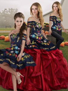 Sleeveless Floor Length Embroidery and Ruffles Lace Up Quinceanera Dresses with Red And Black