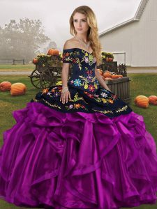 Black And Purple Sweet 16 Quinceanera Dress Military Ball and Sweet 16 and Quinceanera with Embroidery and Ruffles Off The Shoulder Sleeveless Lace Up