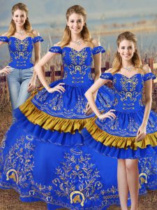 Blue Ball Gowns Embroidery Sweet 16 Dress Lace Up Satin Sleeveless