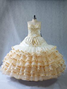 Sleeveless Floor Length Embroidery and Ruffled Layers Lace Up 15th Birthday Dress with Champagne