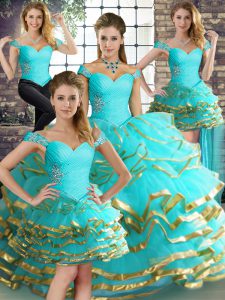 Unique Aqua Blue Off The Shoulder Neckline Beading and Ruffled Layers Quinceanera Gowns Sleeveless Lace Up