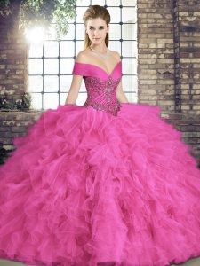 Sleeveless Tulle Floor Length Lace Up Sweet 16 Dresses in Hot Pink with Beading and Ruffles
