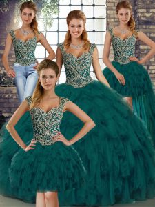 Peacock Green Sleeveless Beading and Ruffles Floor Length Quince Ball Gowns
