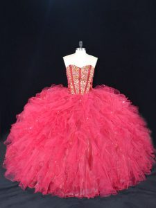 Coral Red Vestidos de Quinceanera Sweet 16 and Quinceanera with Beading and Ruffles Sweetheart Sleeveless Lace Up