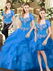 Beautiful Floor Length Blue Quinceanera Gowns Sweetheart Sleeveless Lace Up