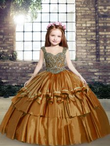 Sleeveless Taffeta Floor Length Lace Up Little Girl Pageant Dress in Brown with Beading