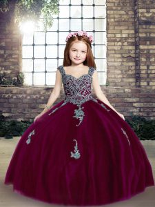 Sleeveless Tulle Floor Length Lace Up Little Girl Pageant Dress in Fuchsia with Appliques