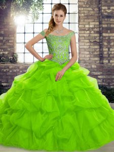 Glamorous Off The Shoulder Sleeveless Brush Train Lace Up 15 Quinceanera Dress Tulle