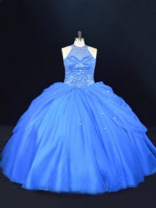 Chic Halter Top Sleeveless Vestidos de Quinceanera Floor Length Beading Blue Tulle