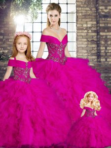 Designer Fuchsia Ball Gowns Beading and Ruffles Ball Gown Prom Dress Lace Up Tulle Sleeveless Floor Length