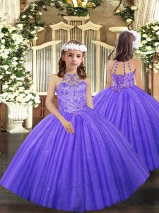 Lavender Halter Top Lace Up Beading and Ruffles Kids Formal Wear Sleeveless