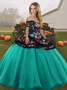 Edgy Off The Shoulder Sleeveless Lace Up Quinceanera Dresses Turquoise Tulle