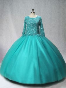Ball Gowns Quinceanera Dresses Turquoise Scoop Tulle Long Sleeves Floor Length Lace Up