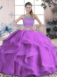 Fashionable Purple Sweet 16 Dresses Sweet 16 and Quinceanera with Beading and Lace and Ruffles Scoop Sleeveless Lace Up