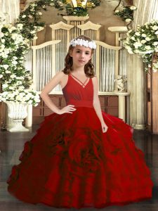 Stunning Red V-neck Neckline Ruffled Layers Little Girls Pageant Dress Sleeveless Zipper