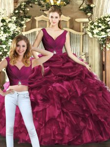 Vintage Floor Length Backless Sweet 16 Quinceanera Dress Burgundy for Sweet 16 and Quinceanera with Pick Ups