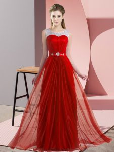 Cheap Red Scoop Neckline Beading Court Dresses for Sweet 16 Sleeveless Lace Up