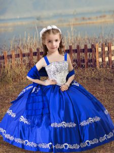 Royal Blue Satin Lace Up Child Pageant Dress Sleeveless Floor Length Beading and Embroidery