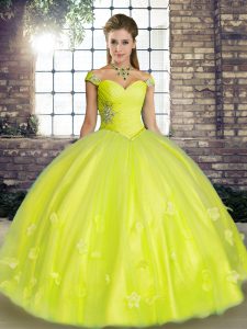 Yellow Green Ball Gowns Off The Shoulder Sleeveless Tulle Floor Length Lace Up Beading and Appliques Vestidos de Quinceanera