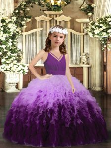 Gorgeous Ball Gowns Little Girls Pageant Dress Wholesale Multi-color V-neck Tulle Sleeveless Floor Length Zipper