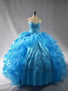 Romantic Embroidery and Ruffles Quince Ball Gowns Baby Blue Lace Up Sleeveless Floor Length