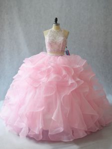 Beauteous Baby Pink Two Pieces Halter Top Sleeveless Organza Brush Train Backless Beading and Ruffles Sweet 16 Quinceanera Dress