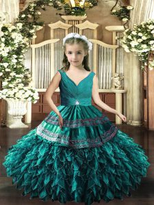 Teal V-neck Backless Beading and Appliques and Ruffles Little Girl Pageant Dress Sleeveless