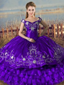 Custom Fit Sleeveless Floor Length Embroidery and Ruffled Layers Lace Up Sweet 16 Quinceanera Dress with Purple