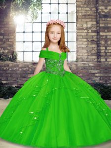Straps Sleeveless Lace Up Kids Formal Wear Green Tulle