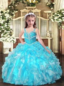 Enchanting Organza Straps Sleeveless Lace Up Beading and Ruffles Girls Pageant Dresses in Aqua Blue