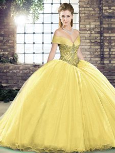 Hot Sale Gold Sweet 16 Quinceanera Dress Off The Shoulder Sleeveless Brush Train Lace Up