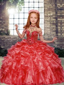 Red Sleeveless Floor Length Beading and Ruffles Lace Up Kids Pageant Dress