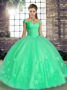 Luxury Floor Length Lace Up Party Dress Turquoise and Apple Green for Military Ball and Sweet 16 and Quinceanera with Beading and Appliques