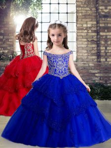 Royal Blue Sleeveless Beading and Appliques Floor Length Little Girls Pageant Dress Wholesale