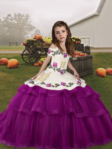 Purple Tulle Lace Up Straps Sleeveless Floor Length Kids Pageant Dress Embroidery and Ruffled Layers
