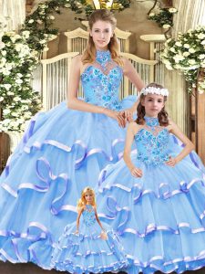 Blue Halter Top Lace Up Embroidery and Ruffled Layers Quinceanera Gowns Sleeveless